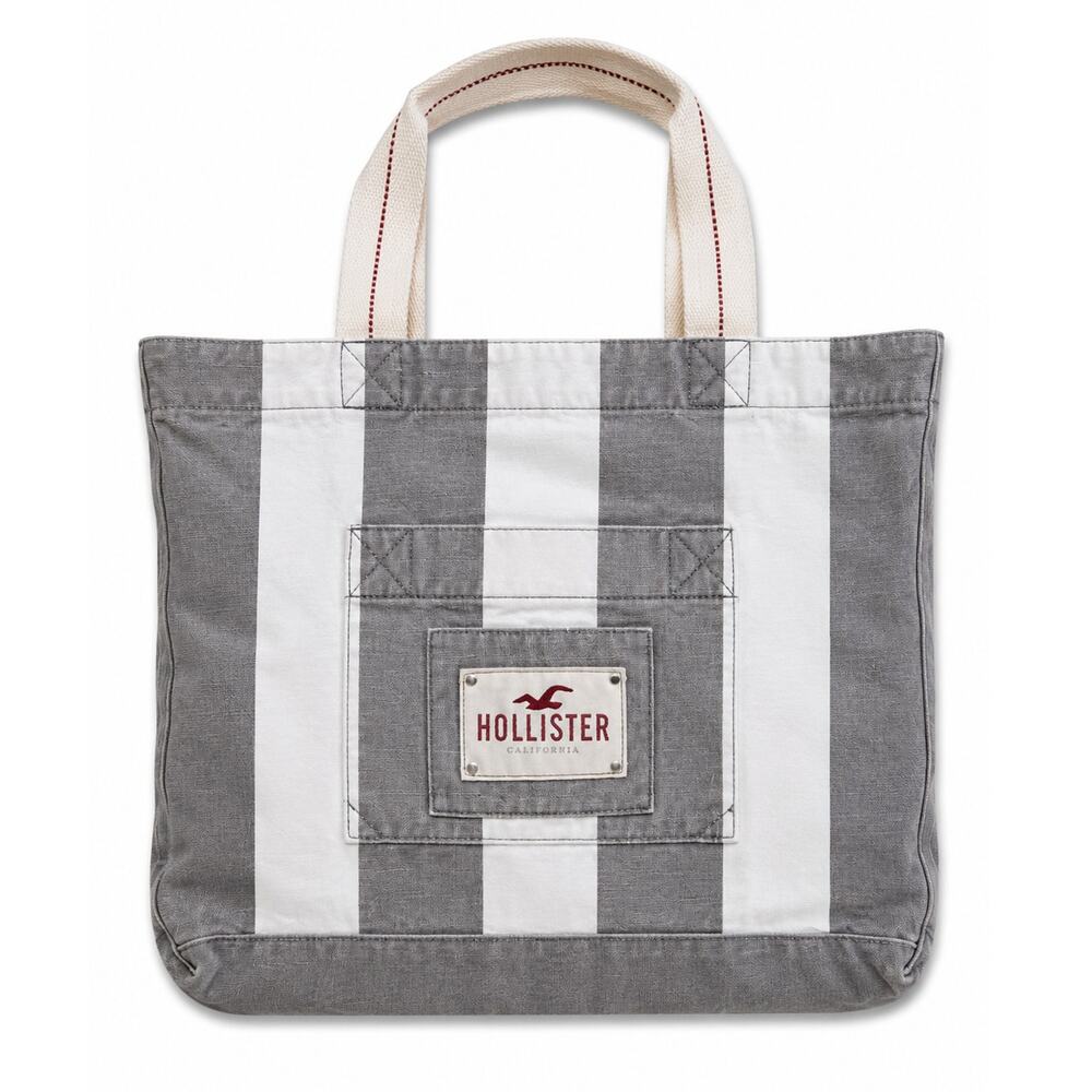 Hollister Gray White Striped Canvas Tote Bag Beach Travel Carryall